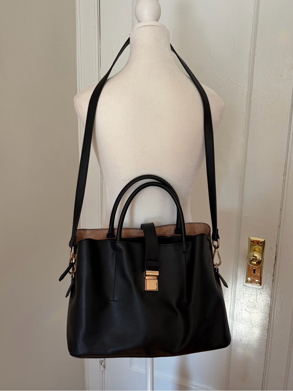 H&M Black Satchel with Gold Hardware and Tan Trim